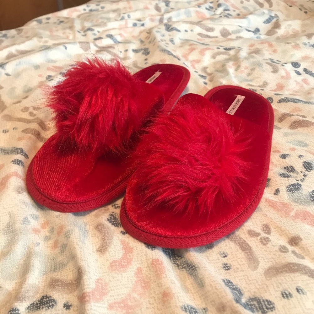 Victoria’s Secret Red Velvet Pom Pom Slippers